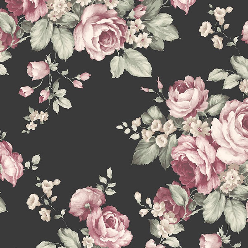 Patton Wallcoverings AF37700 Flourish (Abby Rose 4) Grand Floral Wallpaper in Black, Ebony, Plum & Pinks 